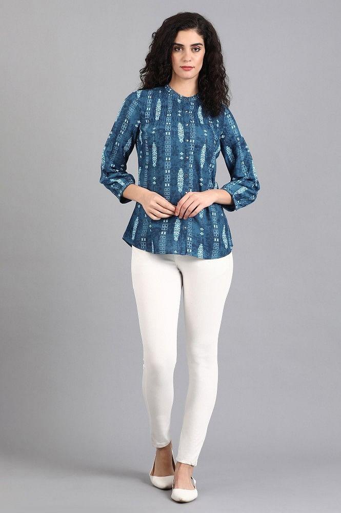 Blue Mandarin Neck Printed Top - wforwoman