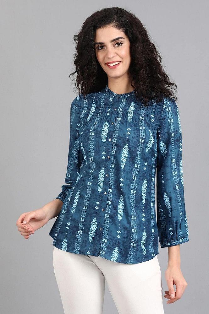 Blue Mandarin Neck Printed Top - wforwoman