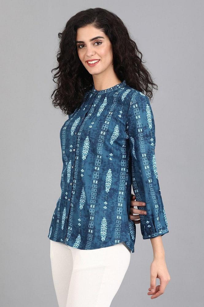 Blue Mandarin Neck Printed Top - wforwoman