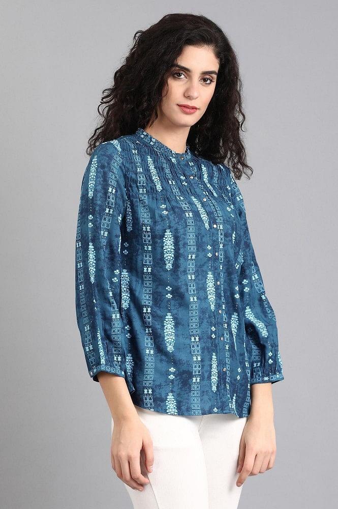 Blue Mandarin Neck Printed Top - wforwoman