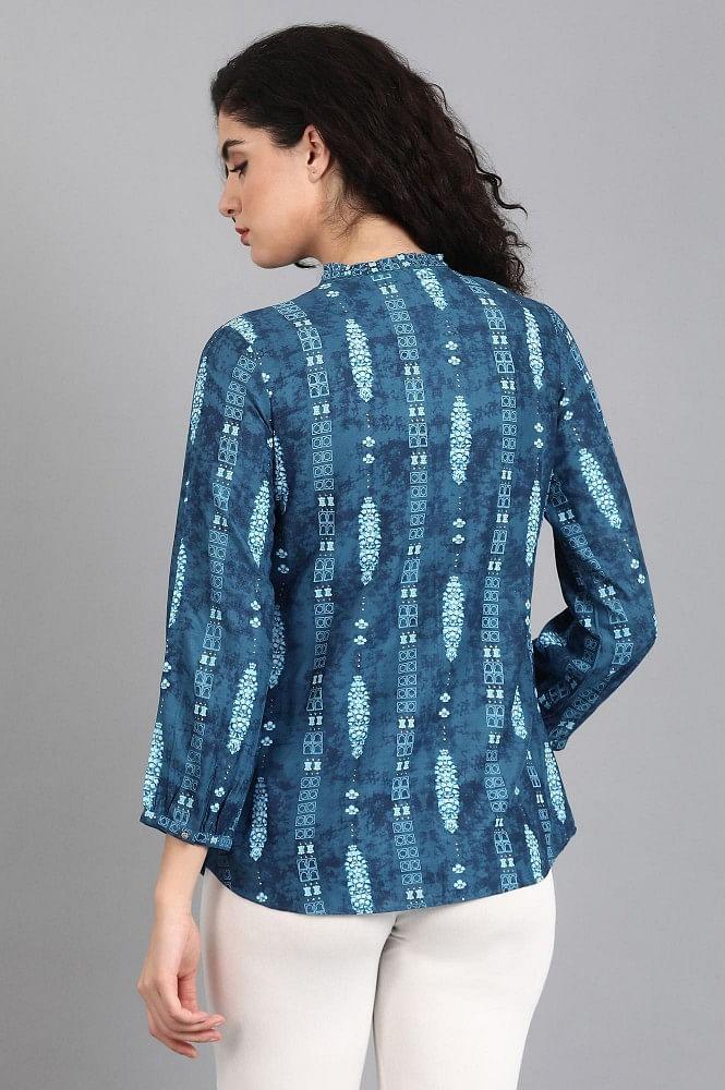 Blue Mandarin Neck Printed Top - wforwoman