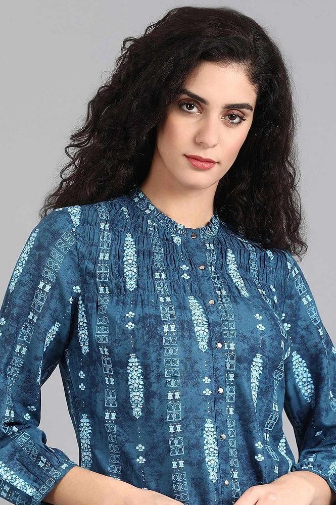 Blue Mandarin Neck Printed Top - wforwoman