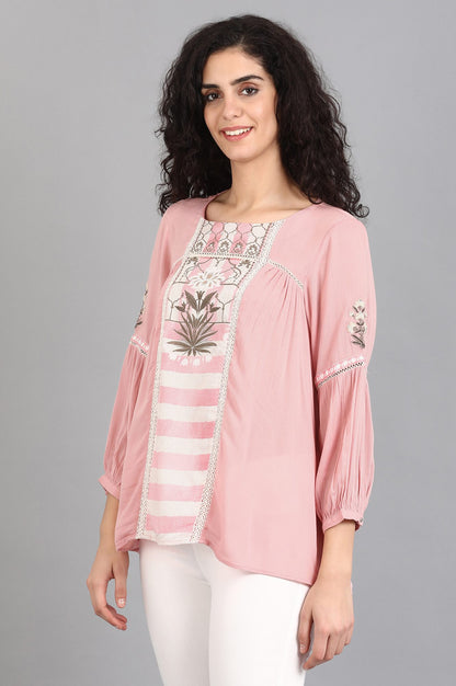 Pink Round Neck Printed Top