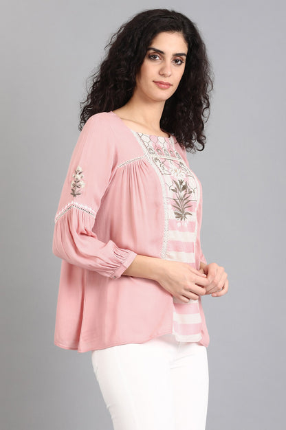 Pink Round Neck Printed Top