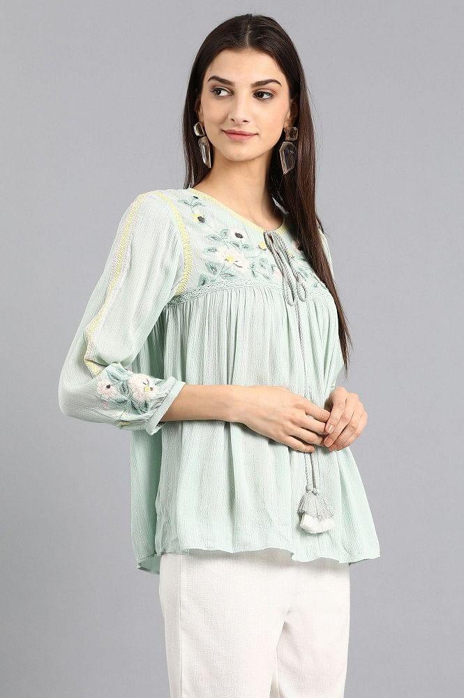 Green Round Neck Yarn-dyed Top - wforwoman