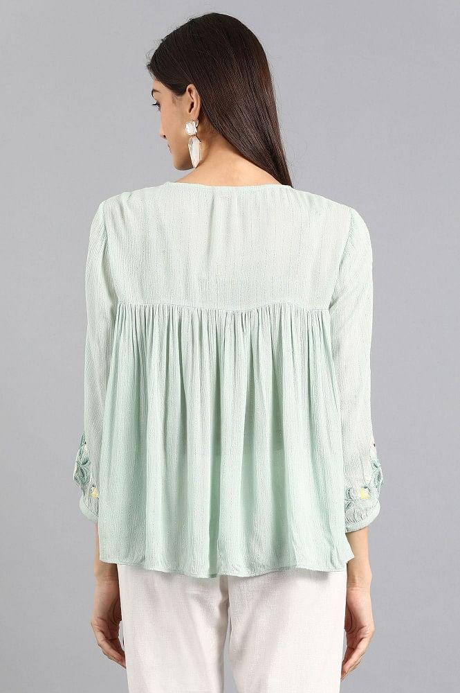 Green Round Neck Yarn-dyed Top - wforwoman