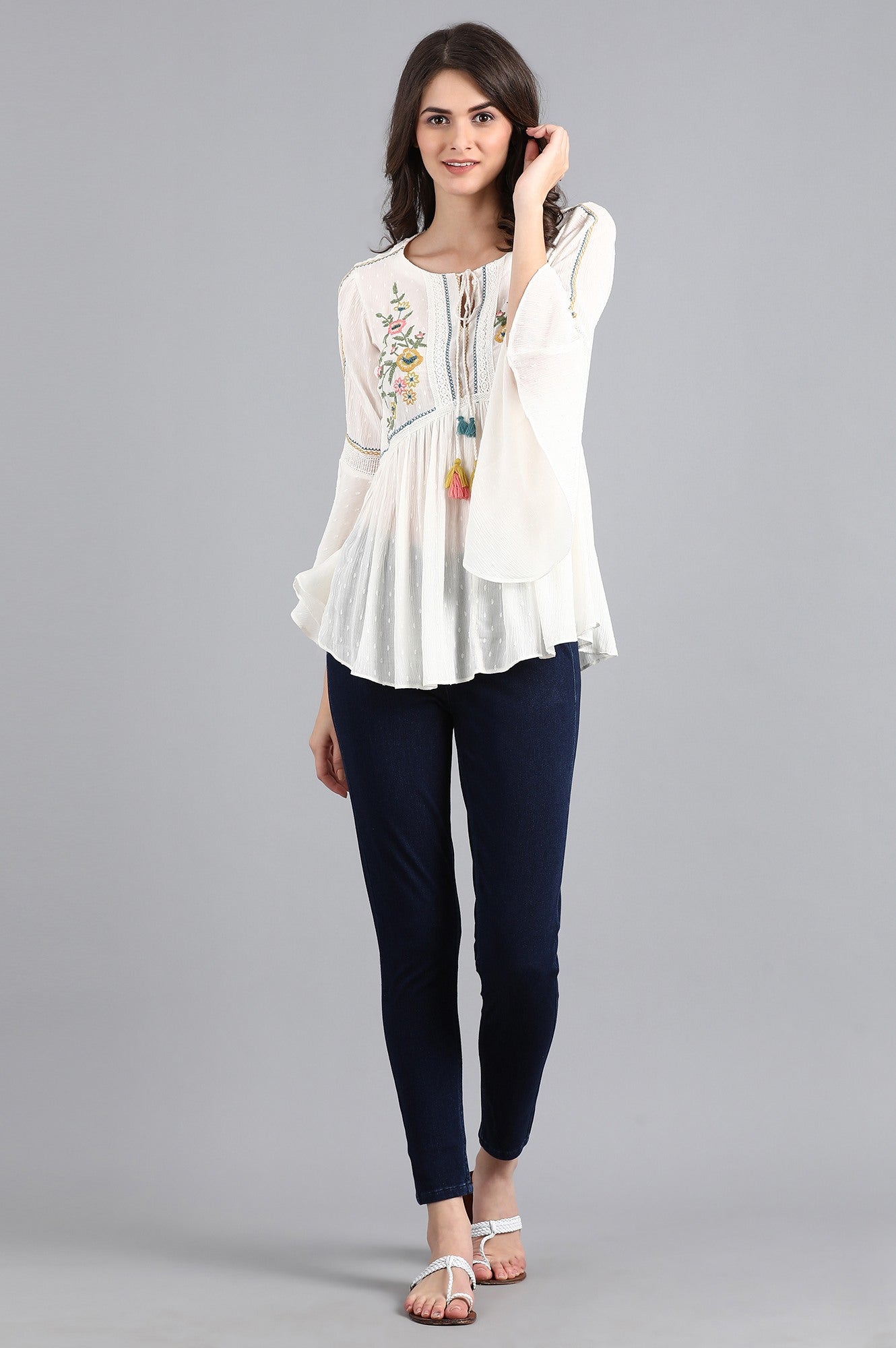 White Round Neck Flared Top