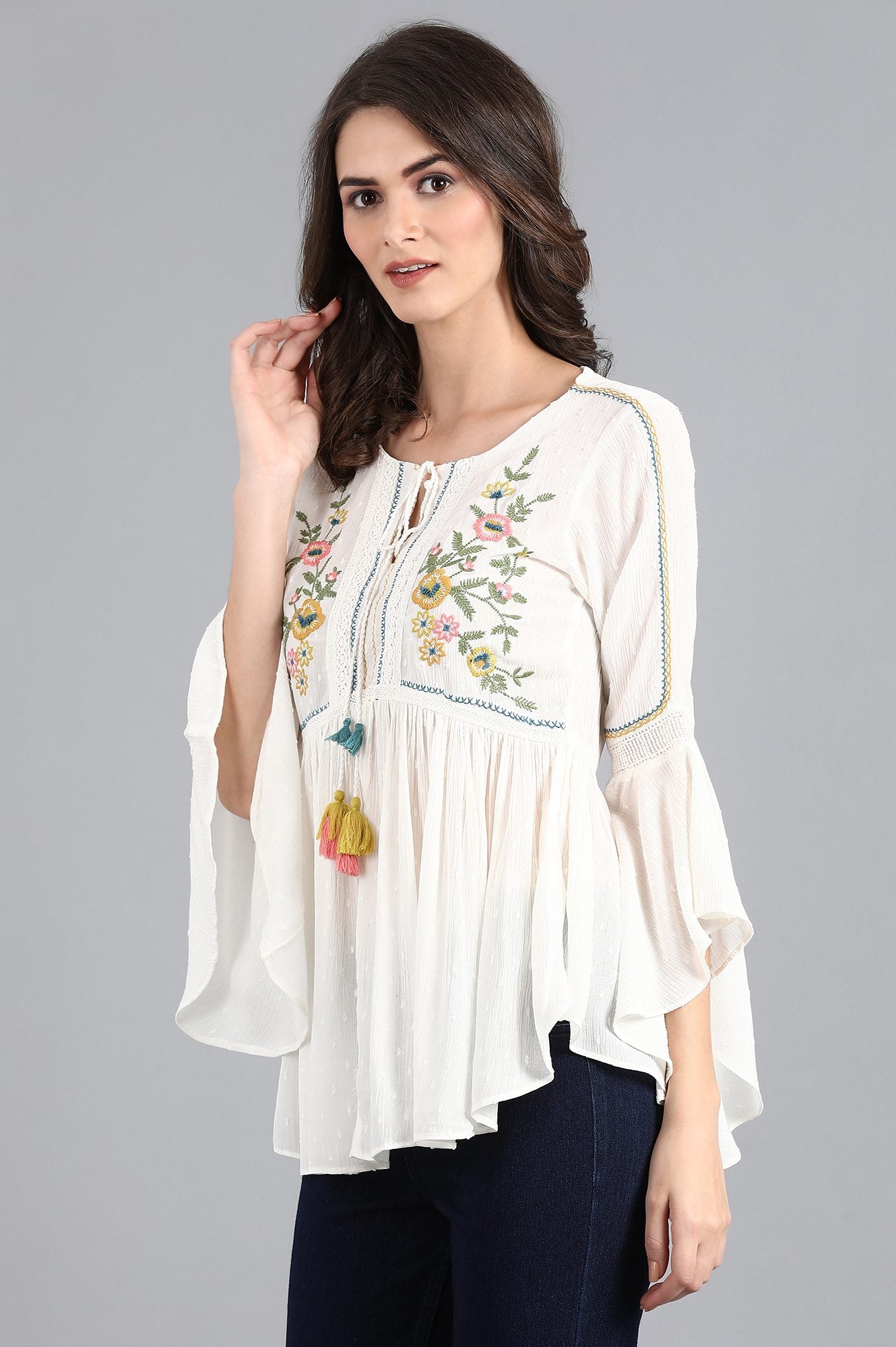 White Round Neck Flared Top