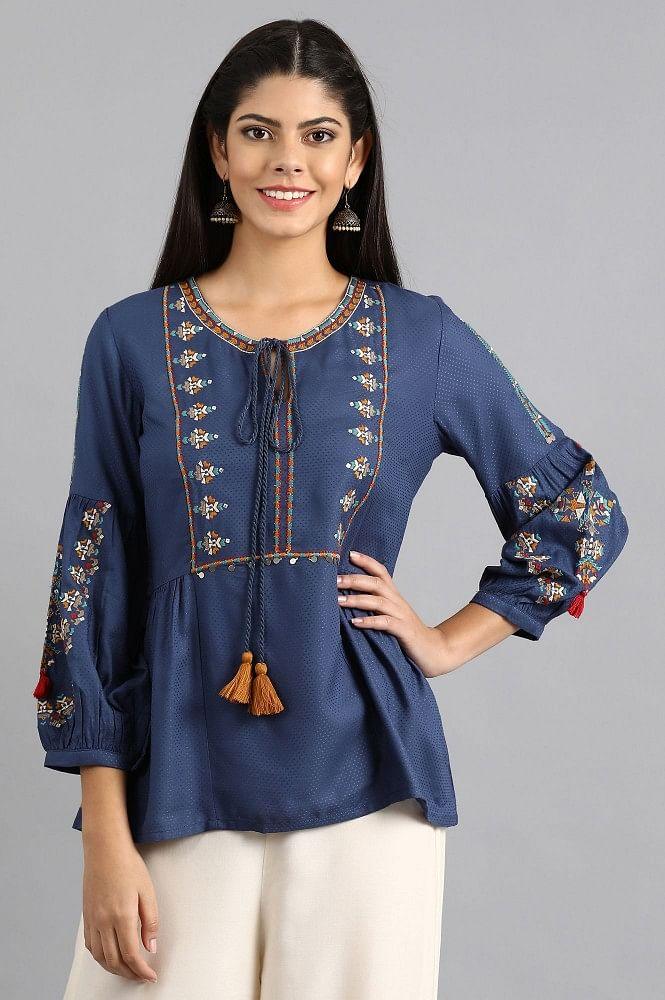 Blue Round Neck Tie-up Top - wforwoman