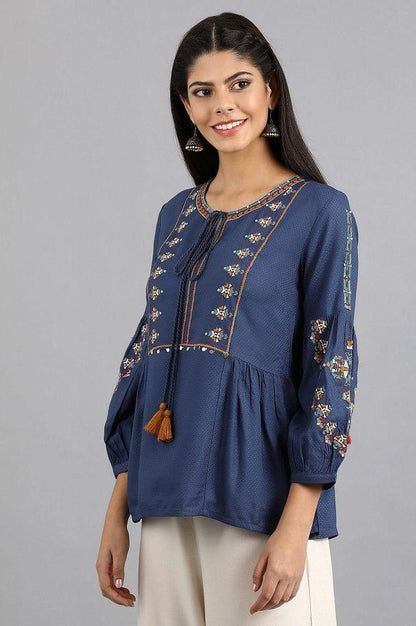 Blue Round Neck Tie-up Top - wforwoman