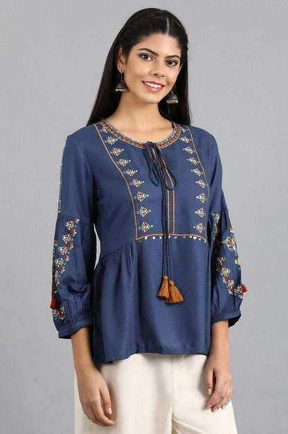 Blue Round Neck Tie-up Top - wforwoman