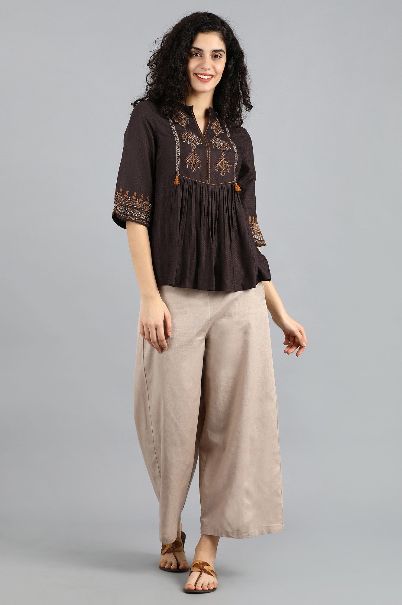 Brown Mandarin Neck Top