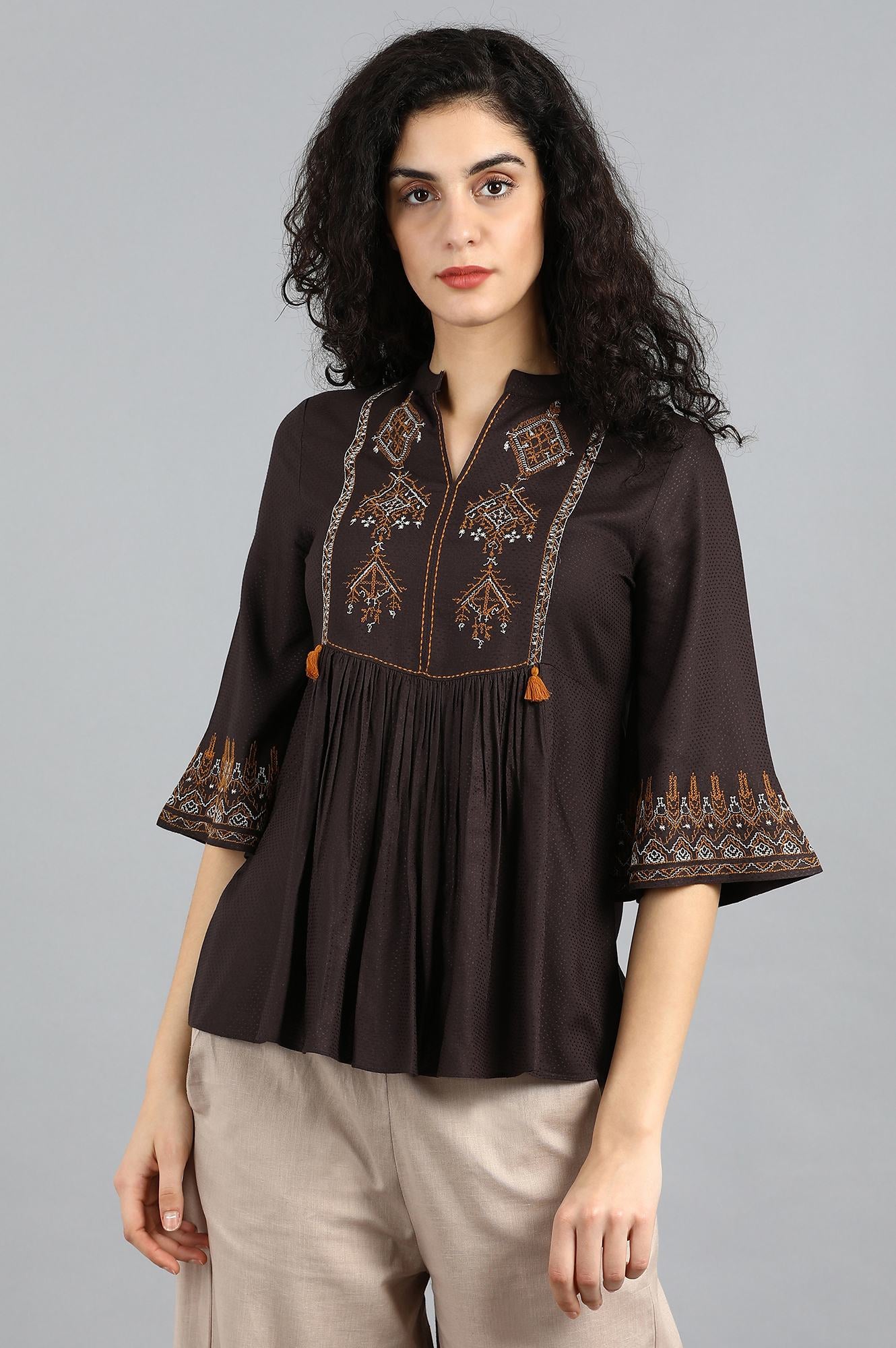 Brown Mandarin Neck Top