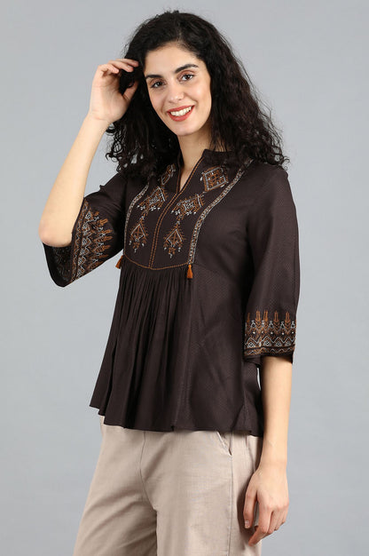 Brown Mandarin Neck Top