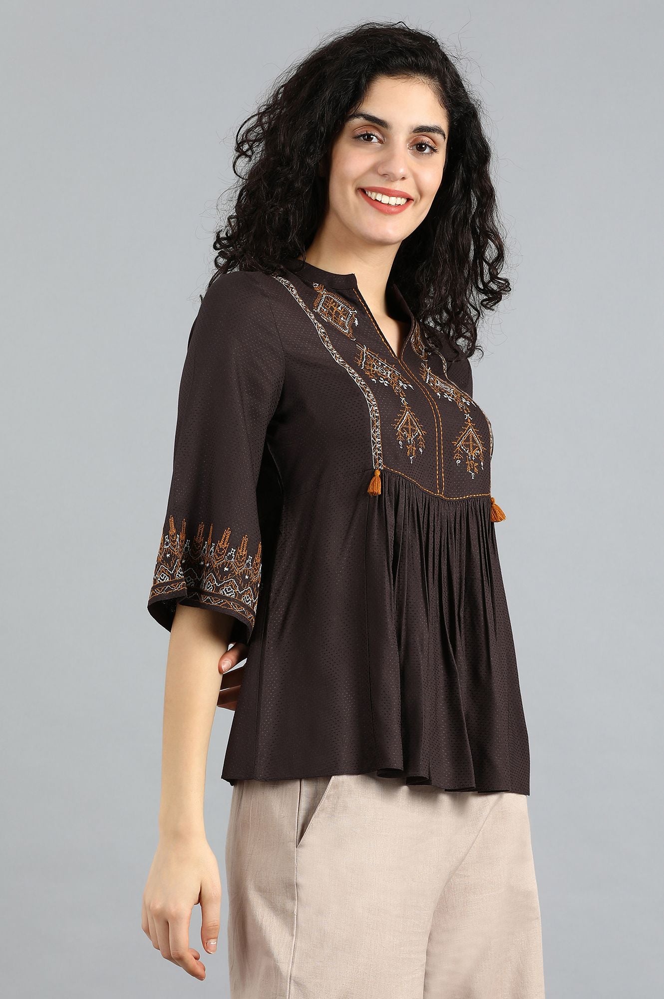 Brown Mandarin Neck Top