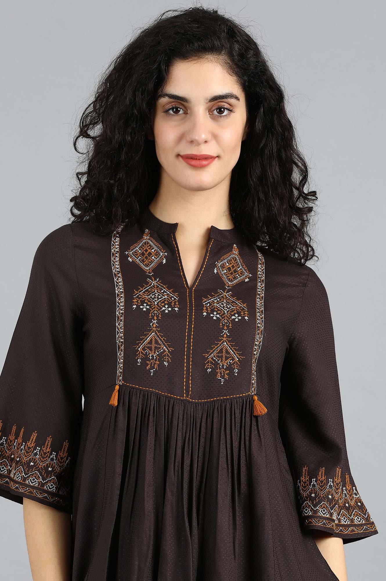 Brown Mandarin Neck Top