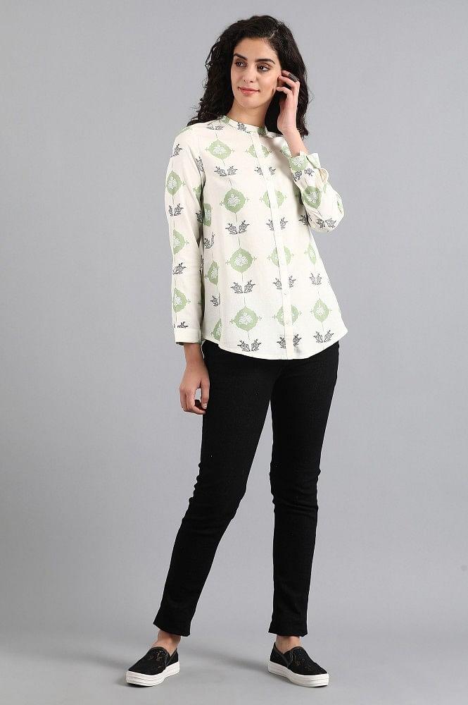 White Mandarin Neck Printed Top - wforwoman