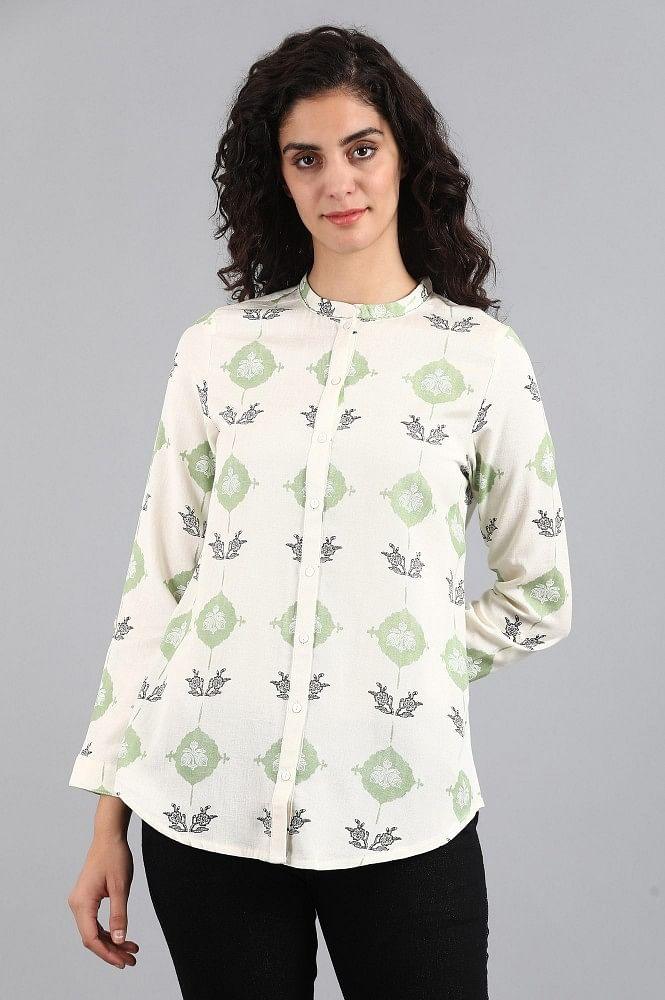 White Mandarin Neck Printed Top - wforwoman