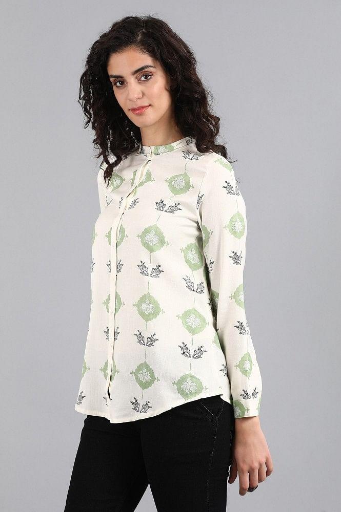 White Mandarin Neck Printed Top - wforwoman