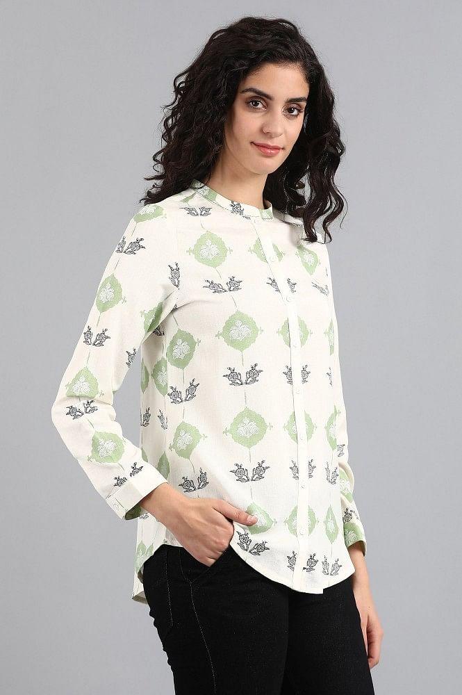 White Mandarin Neck Printed Top - wforwoman