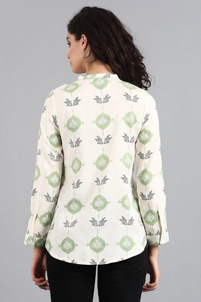 White Mandarin Neck Printed Top - wforwoman