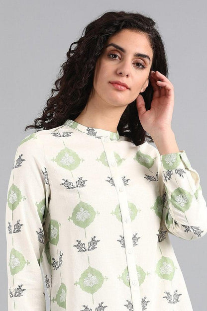 White Mandarin Neck Printed Top - wforwoman