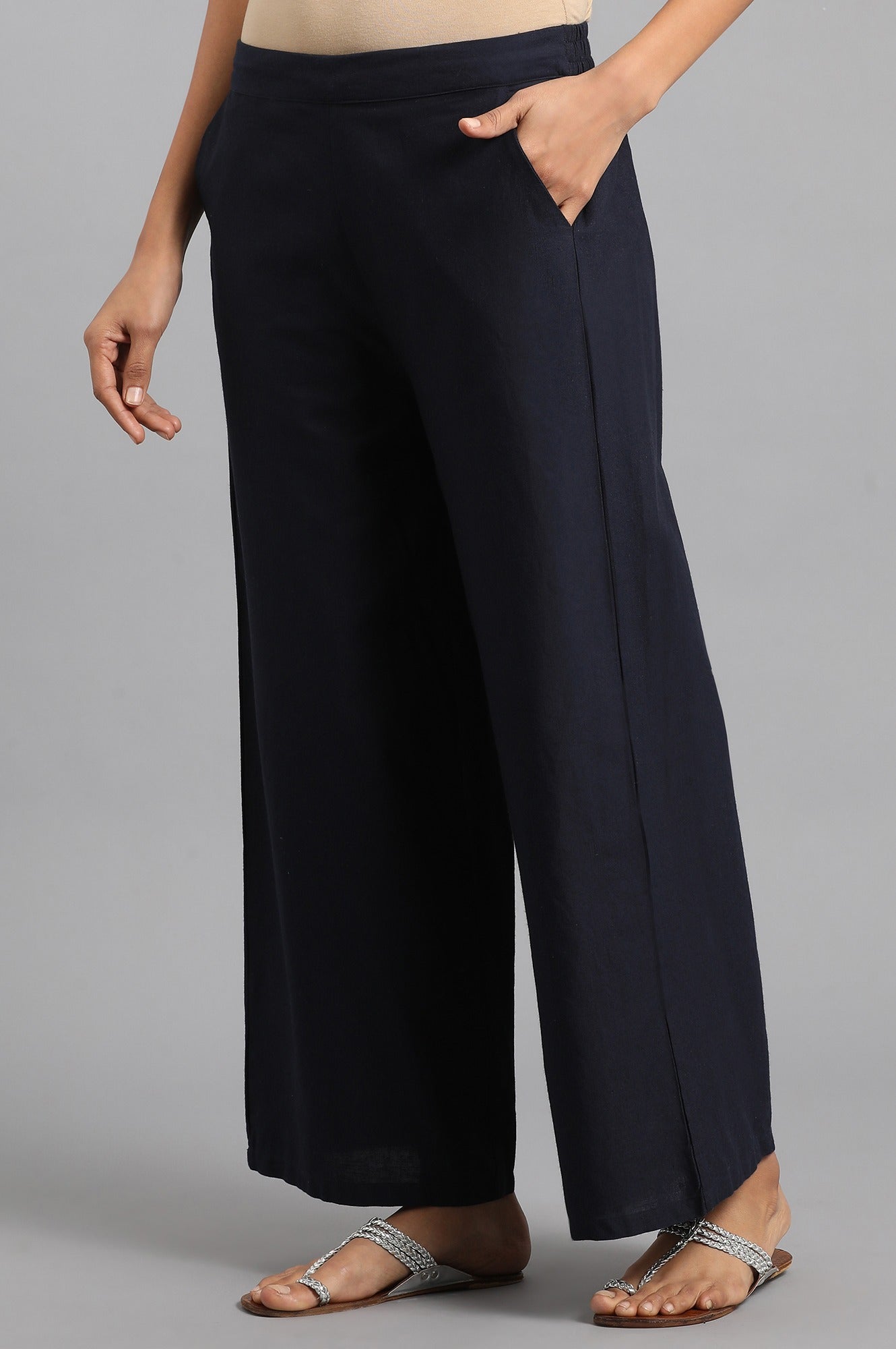 Navy Blue Solid Parallel Pants