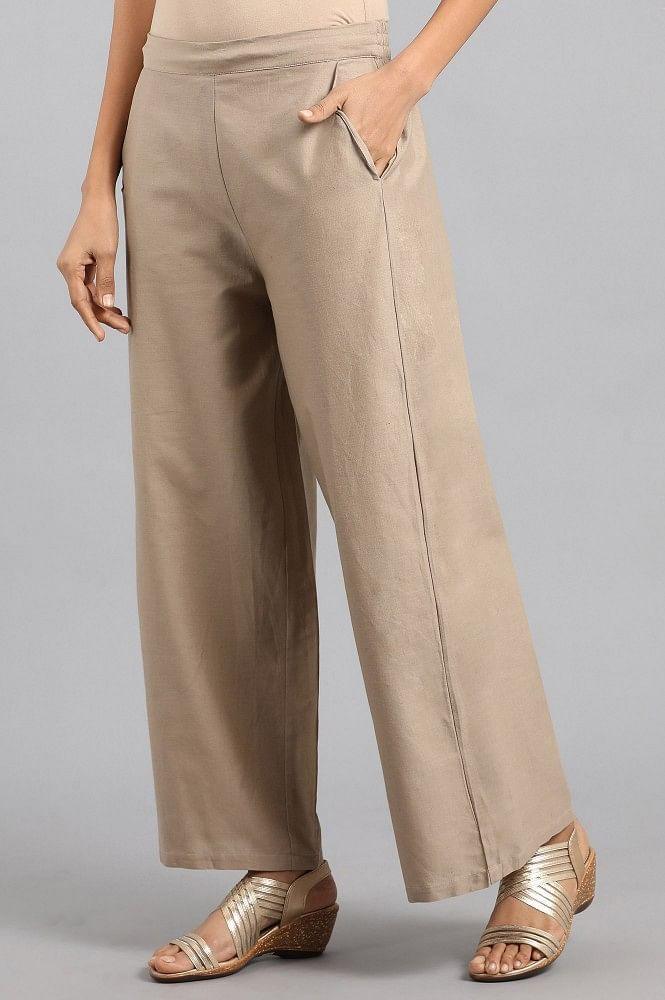 Beige Solid Parallel Pants - wforwoman