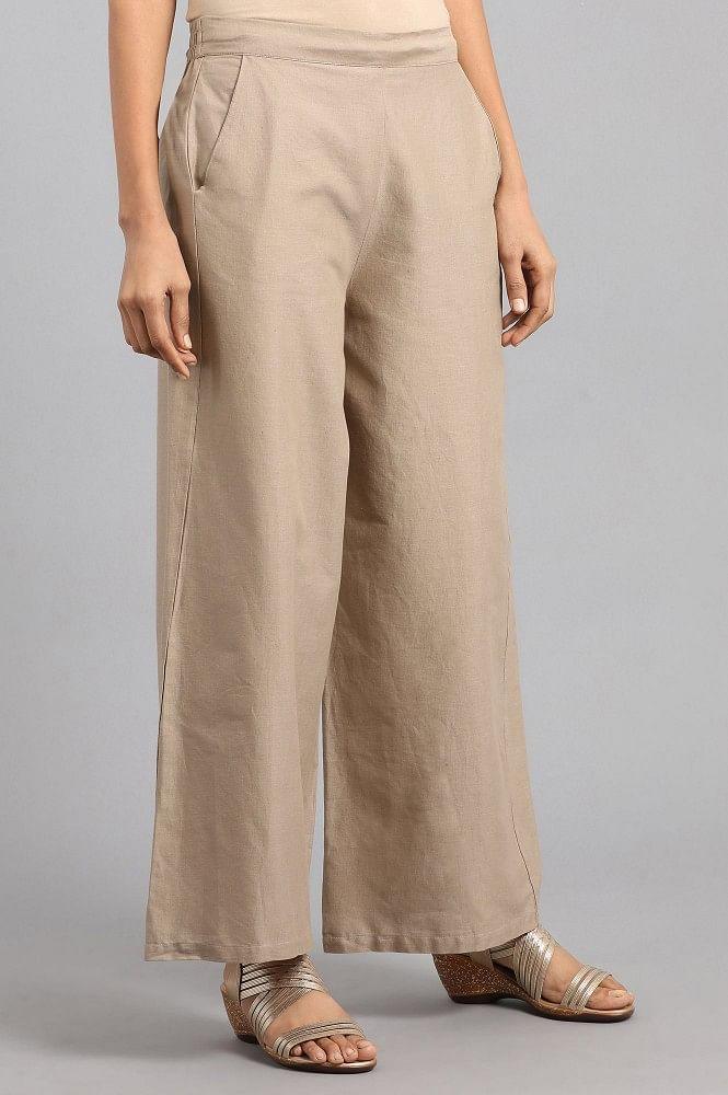 Beige Solid Parallel Pants - wforwoman