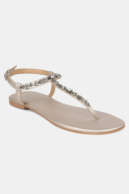 Gold Almond Toe Embellished Flat - wforwoman