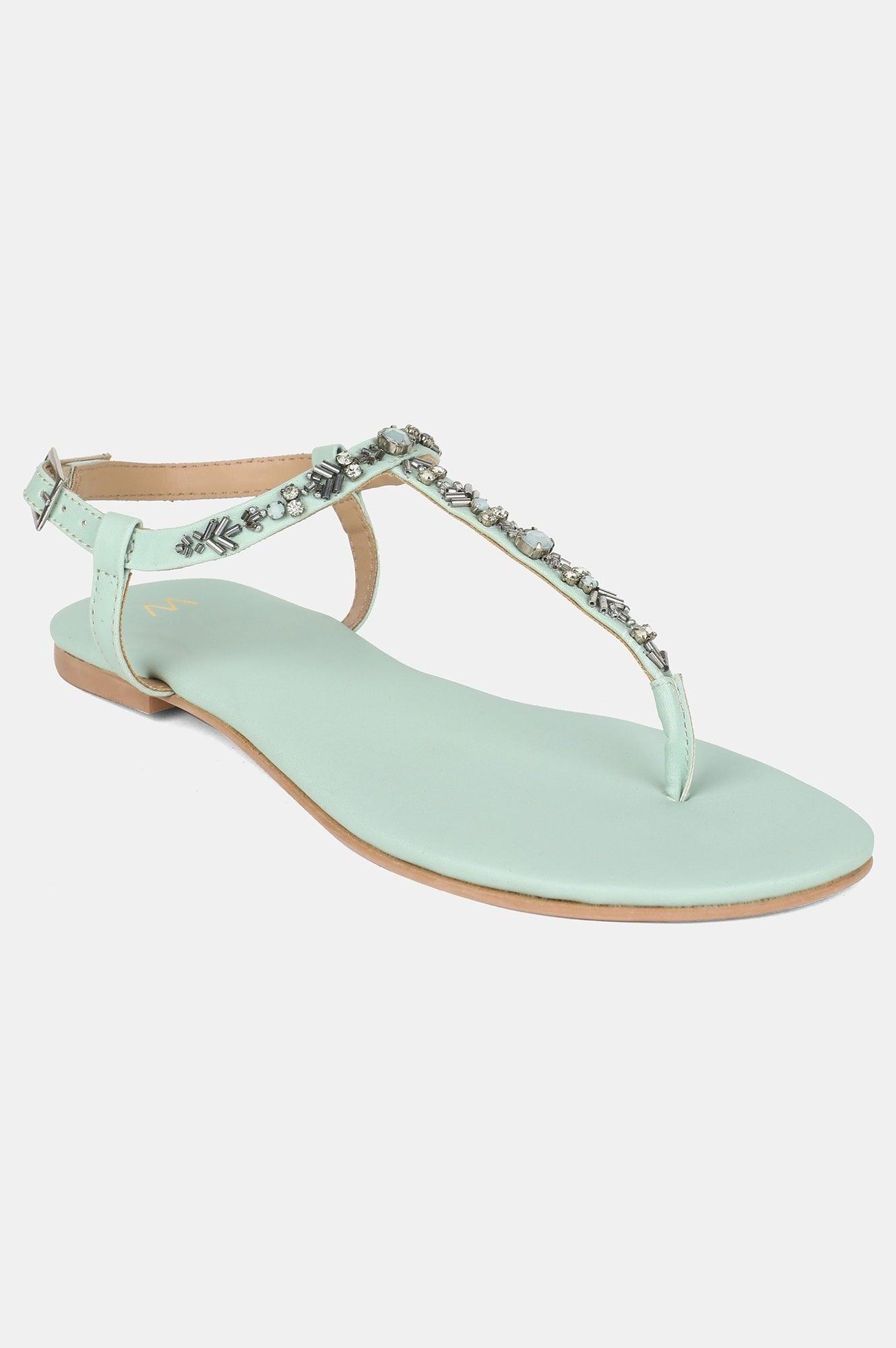 Green Almond Toe Embellished Flat - wforwoman