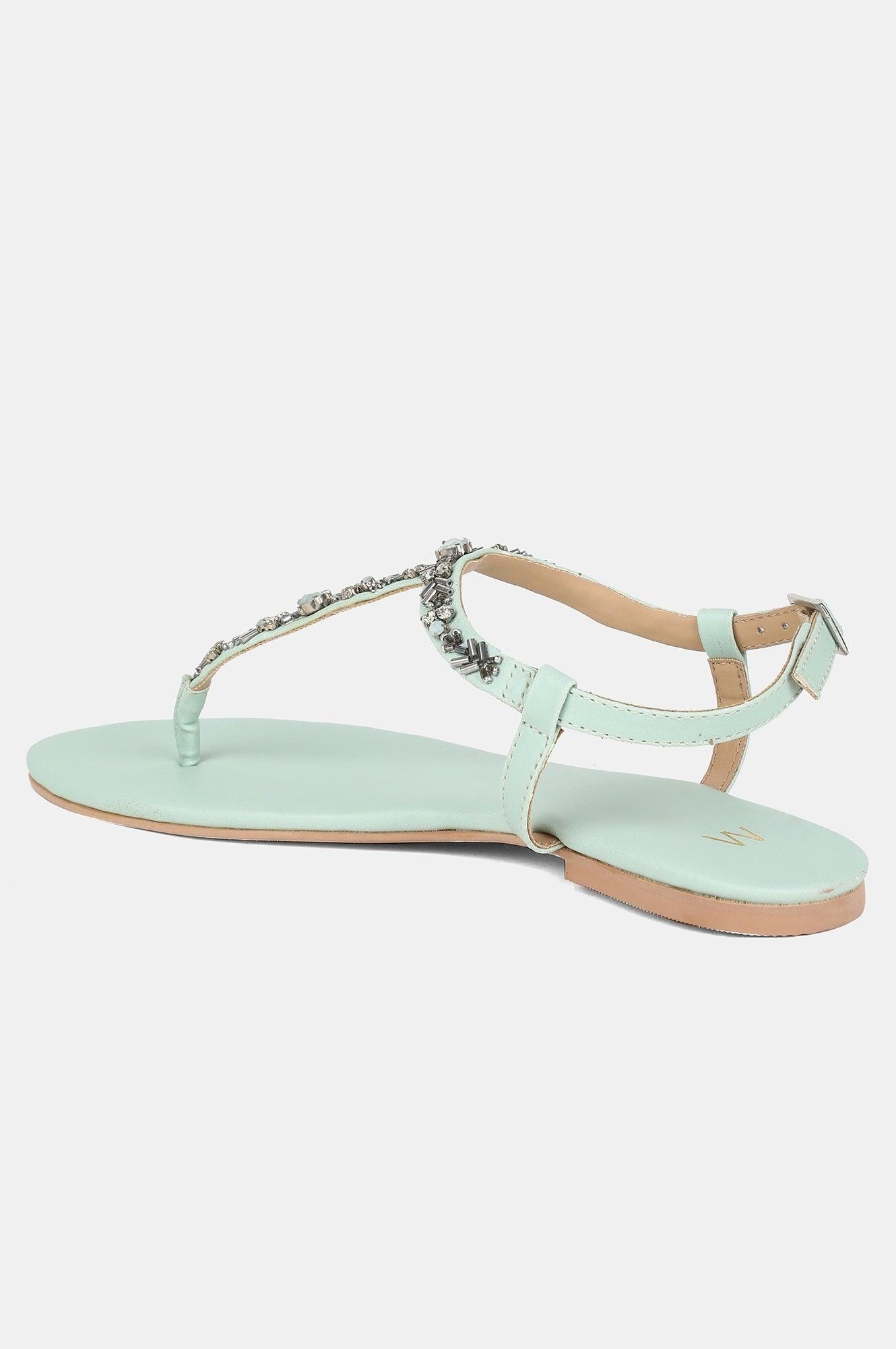 Green Almond Toe Embellished Flat - wforwoman