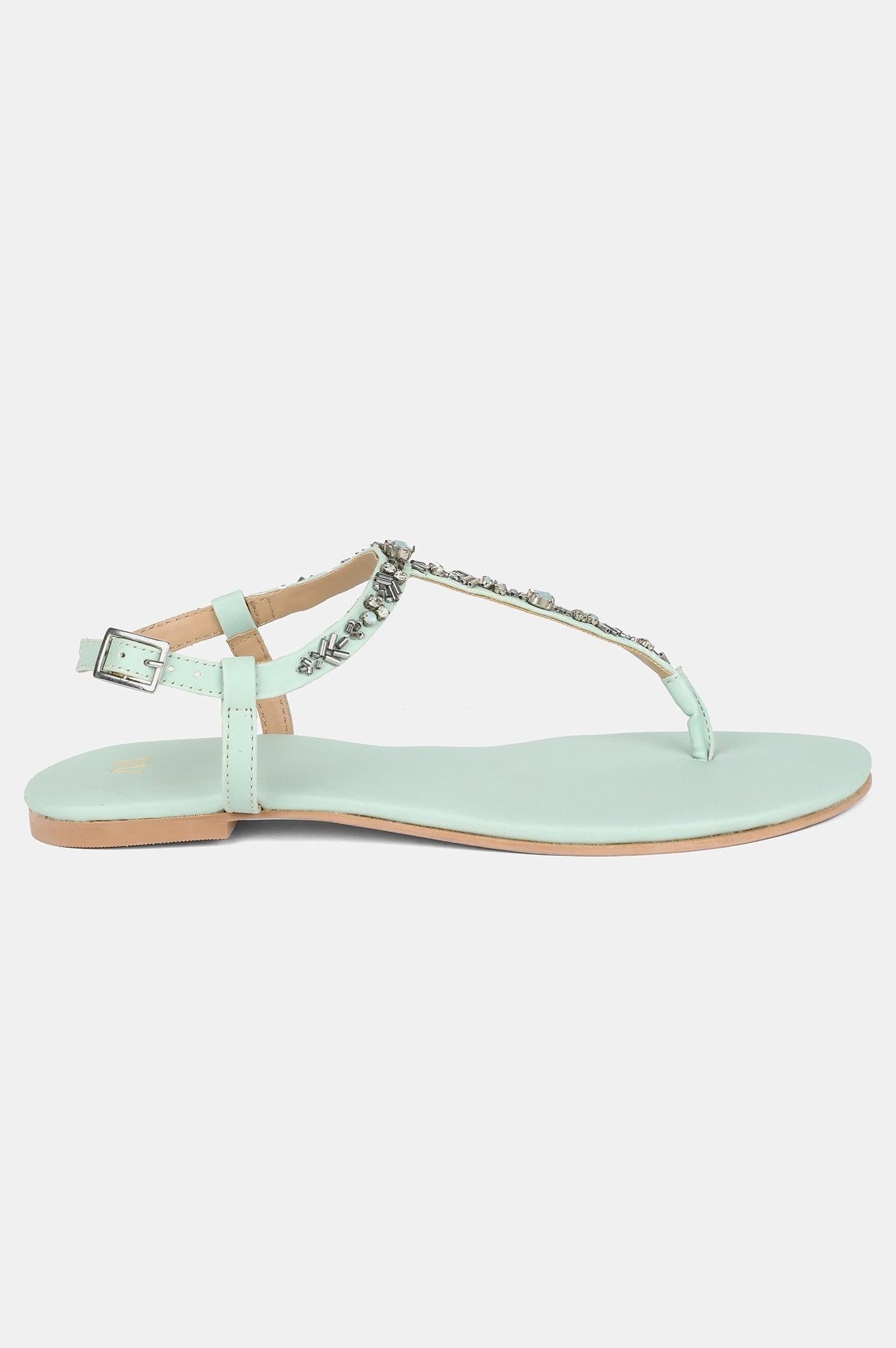 Green Almond Toe Embellished Flat - wforwoman