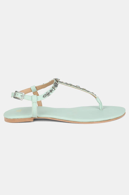 Green Almond Toe Embellished Flat - wforwoman