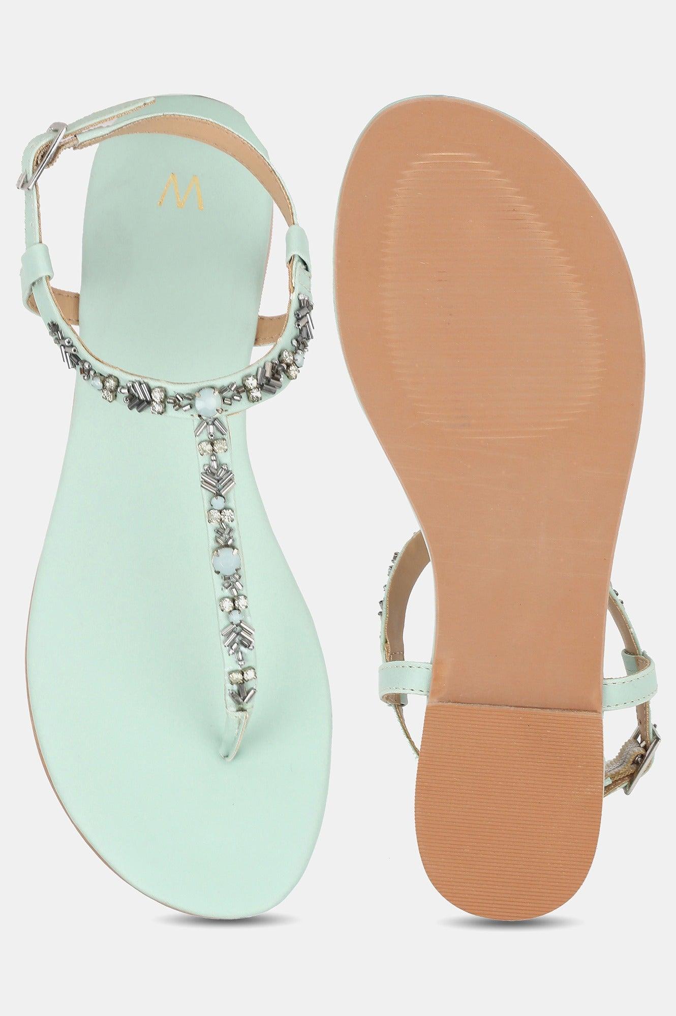 Green Almond Toe Embellished Flat - wforwoman