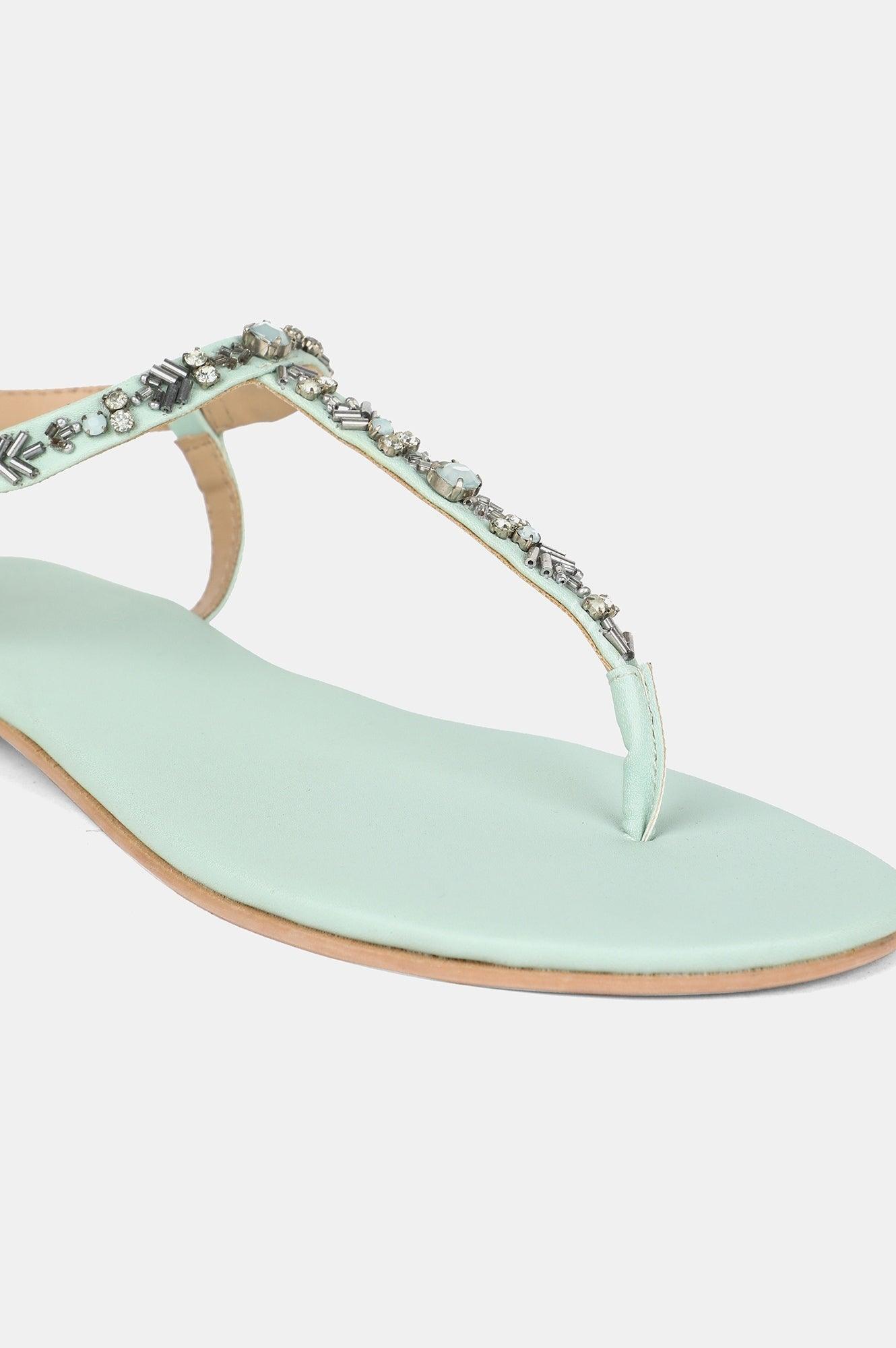 Green Almond Toe Embellished Flat - wforwoman