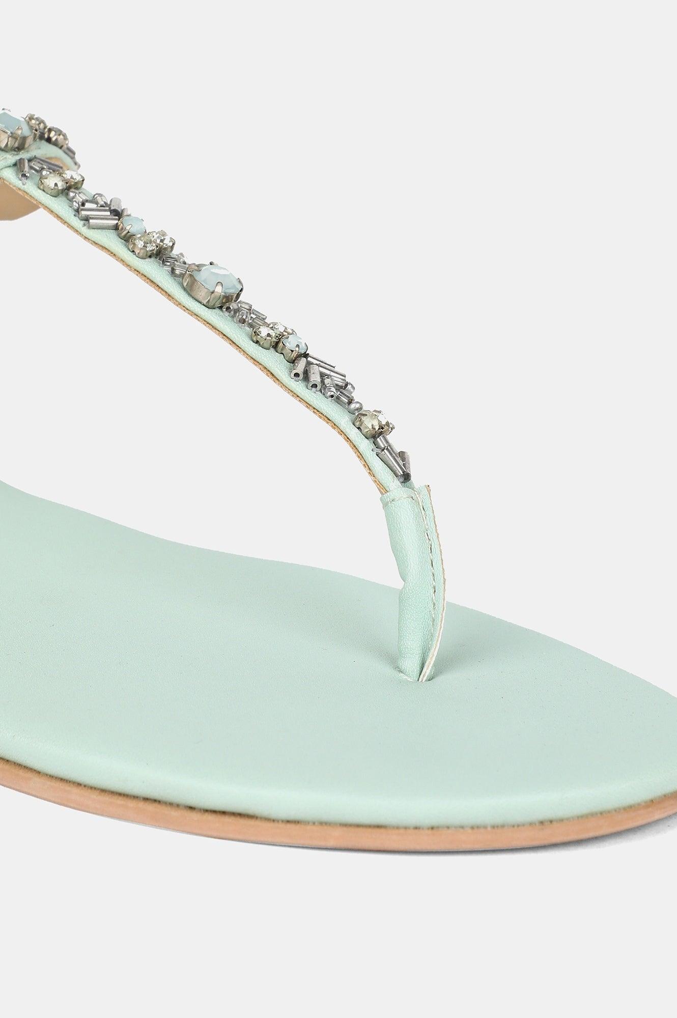 Green Almond Toe Embellished Flat - wforwoman