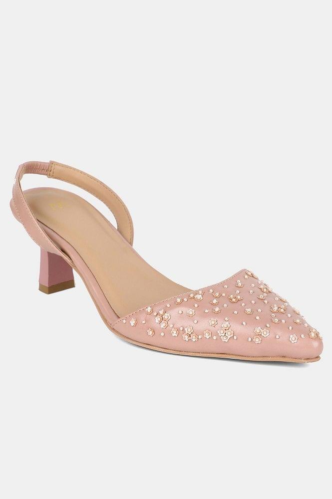 Pink Pointed Toe Embroidered Kitten Heel - wforwoman