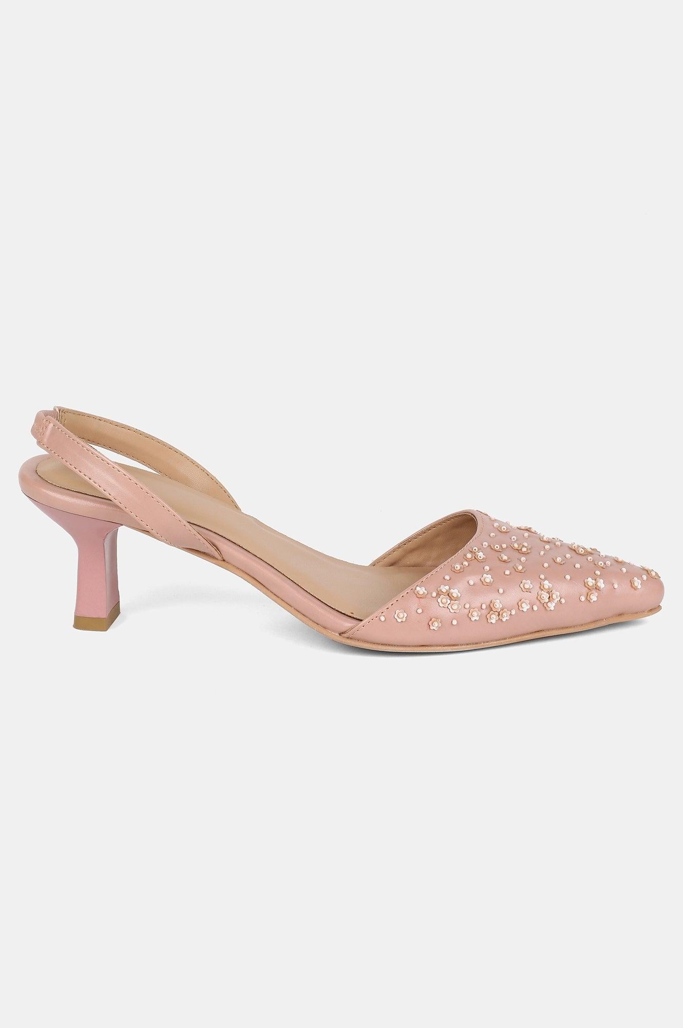 Pink Pointed Toe Embroidered Kitten Heel - wforwoman