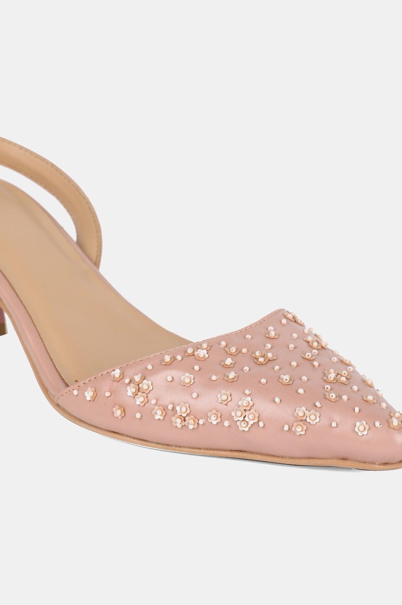 Pink Pointed Toe Embroidered Kitten Heel - wforwoman