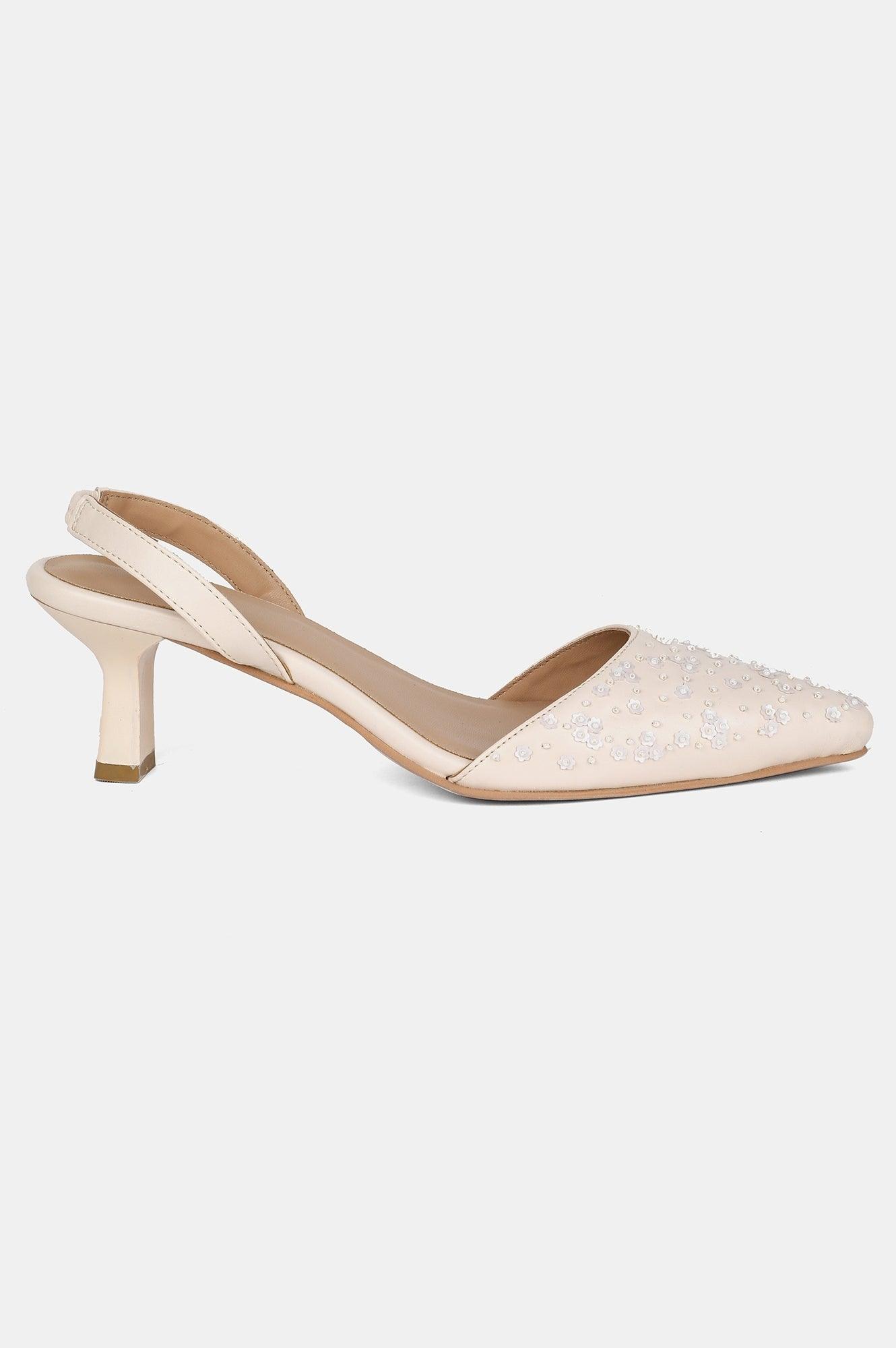 Offwhite Pointed Toe Embroidered Kitten heel - wforwoman