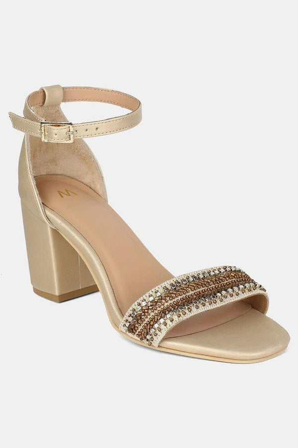 Gold Square Toe Embellished Block Heel