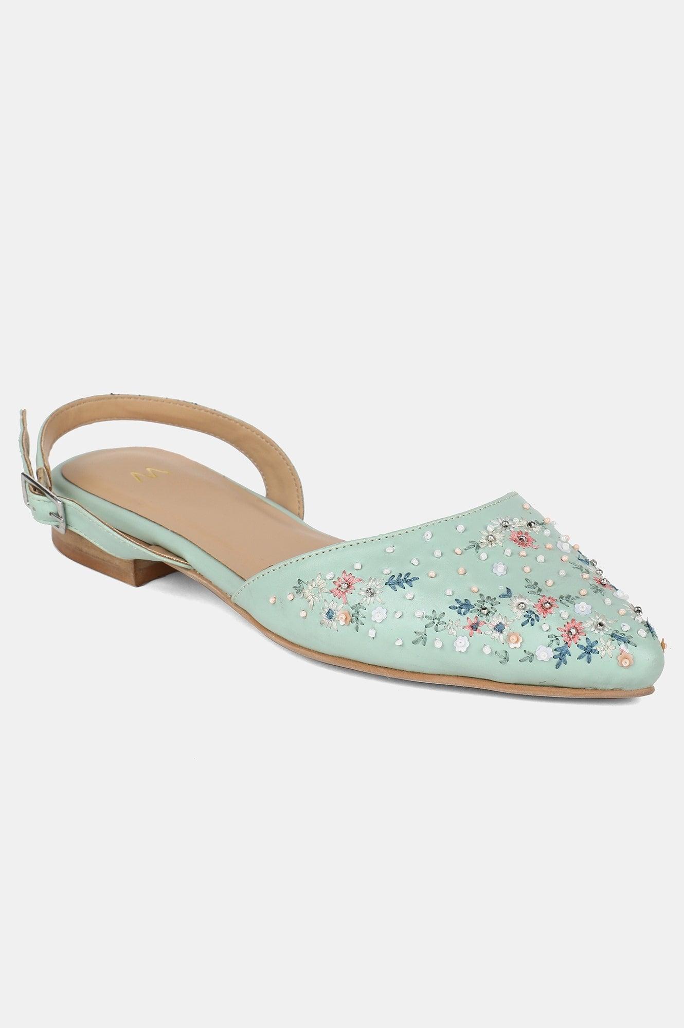 Green Pointed Toe Embroidered Flat - wforwoman