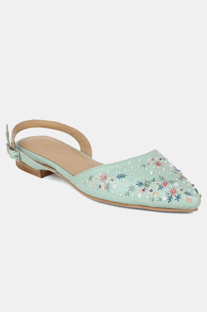 Green Pointed Toe Embroidered Flat - wforwoman