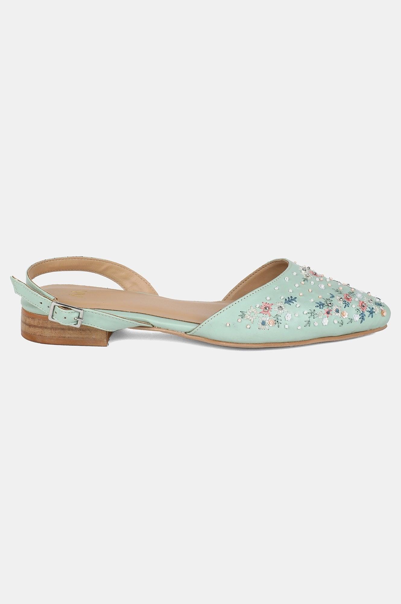 Green Pointed Toe Embroidered Flat - wforwoman