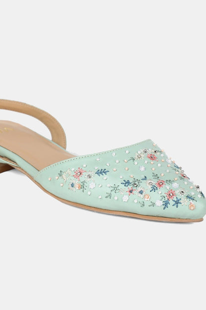 Green Pointed Toe Embroidered Flat - wforwoman