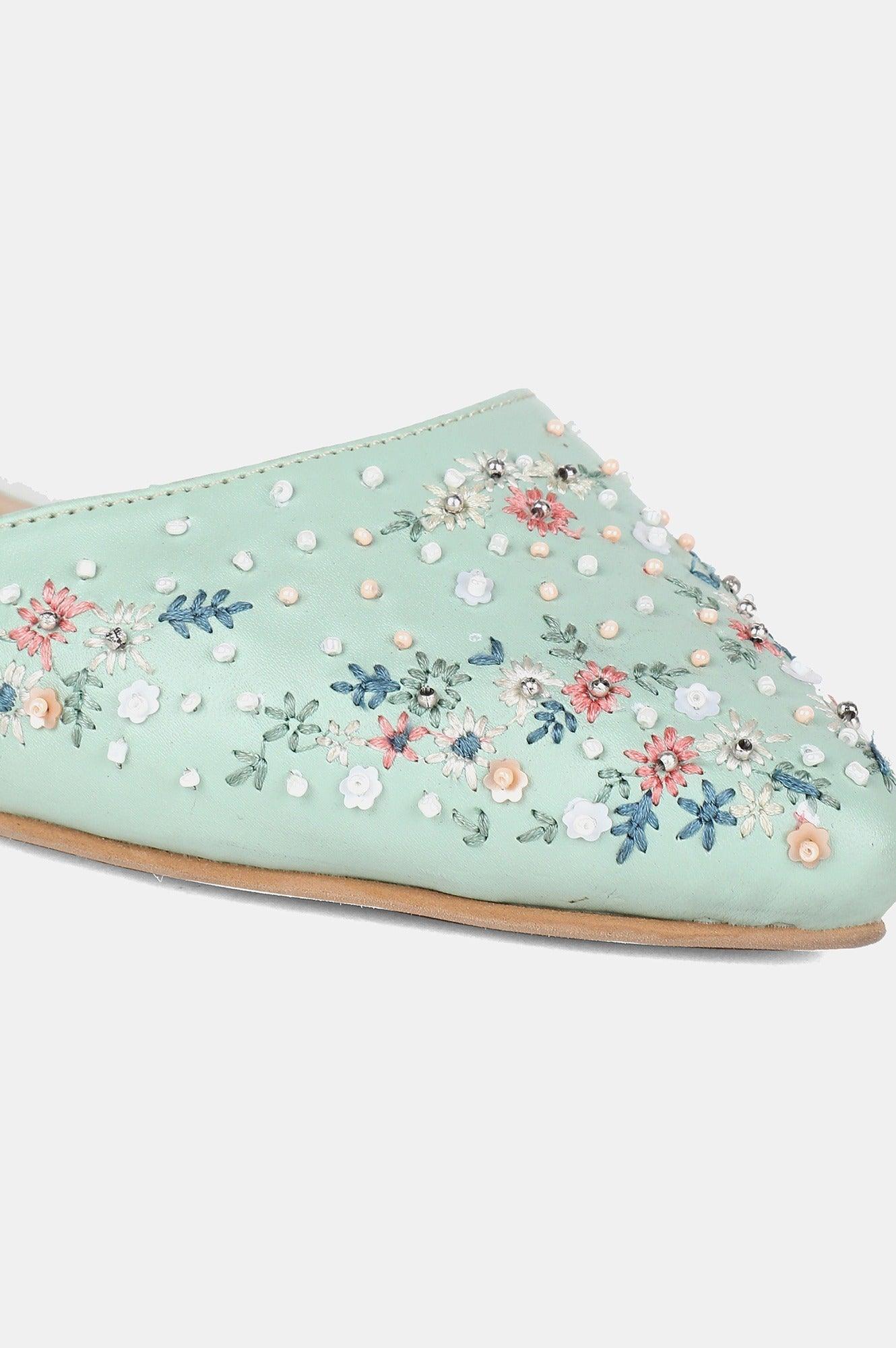 Green Pointed Toe Embroidered Flat - wforwoman