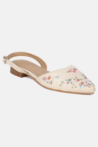 Off-white Pointed Toe Embroidered Flat - wforwoman