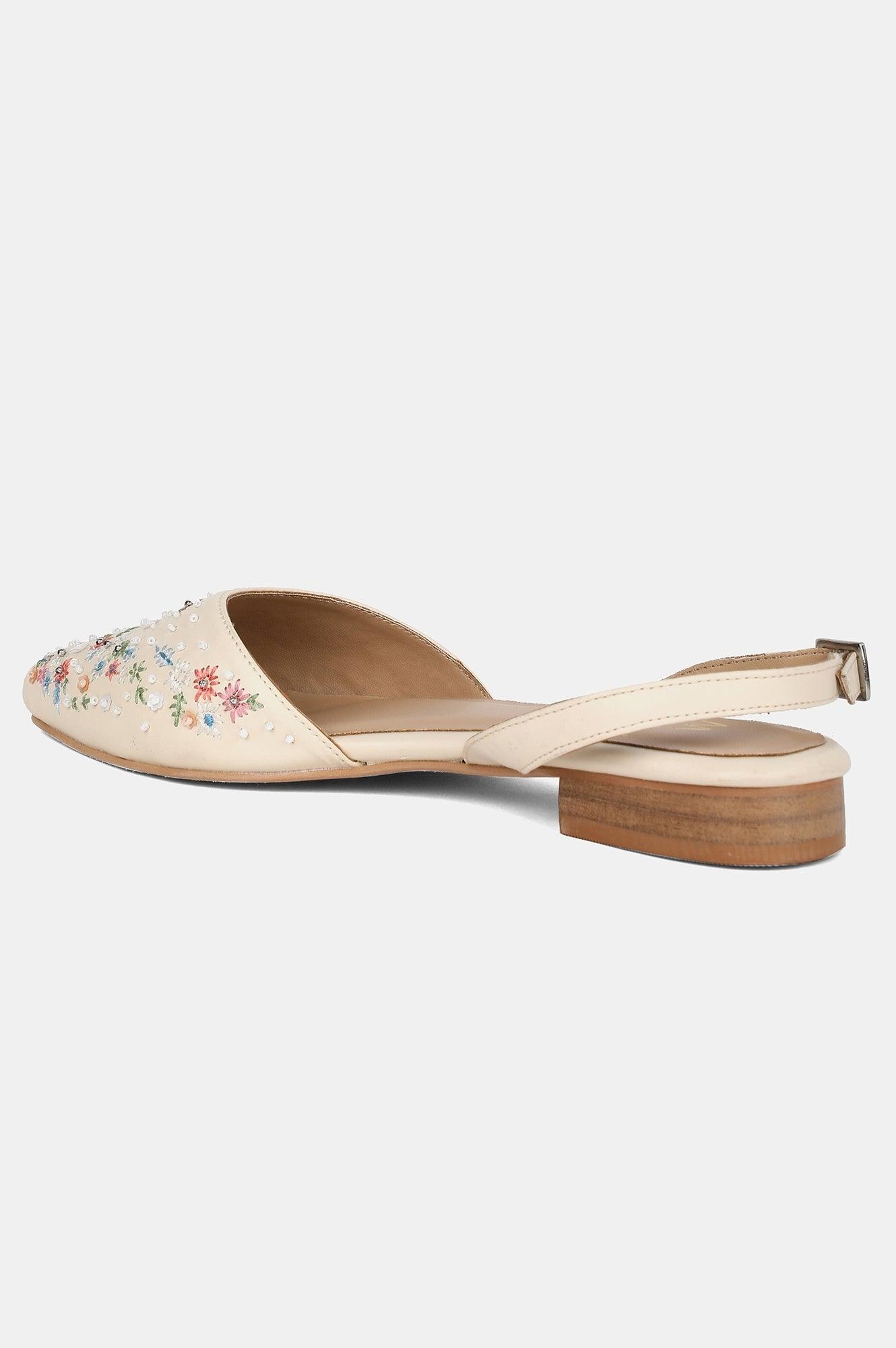 Off-white Pointed Toe Embroidered Flat - wforwoman