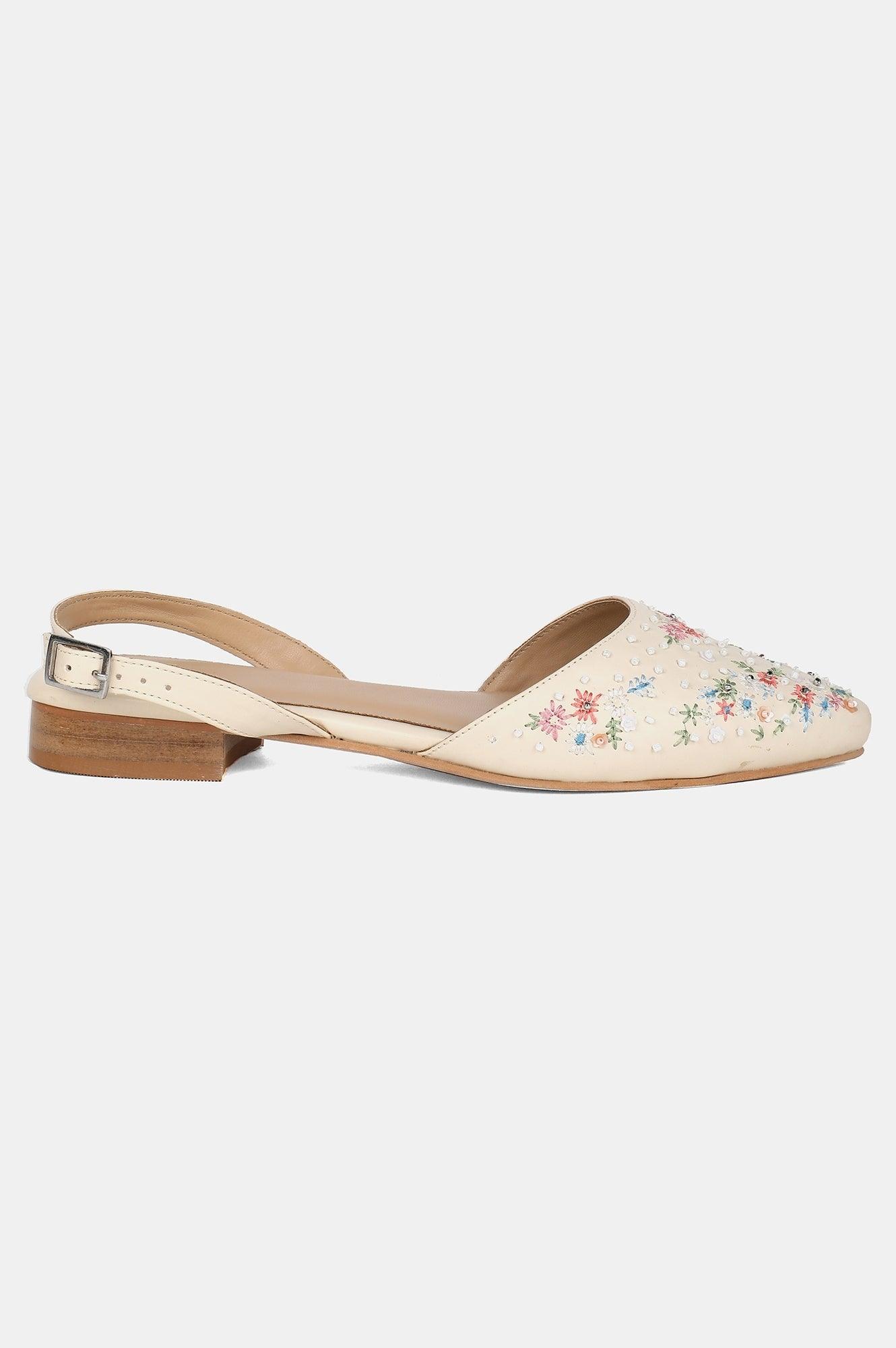 Off-white Pointed Toe Embroidered Flat - wforwoman